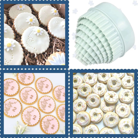 Two-sided round pastel-green plastic cookie cutter; shown with sample ring-shaped and decorated cookies.