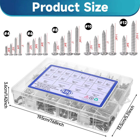 550 Piece Stainless Steel Wood Screw Kit with visible assortment of sizes and labeled box, ideal for DIYers and weekend warriors.