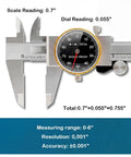 0-6 Inch Dial Caliper Set With Protective Case, 0.001 Inch Accuracy, 4 Way Measurement With Dual Jaws And Depth Rod, Shock Resistant Stainless Steel For DIY Home Improvement And Precision Machining Tasks, shown measuring 0.755 in