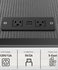 Boss Level Adjustable PC Tower Stand With Charging Station For Office Home Classroom Fits 23 To 28 Inch Towers Black Dual 120V Sockets And USB Ports CPU Holder Cart close-up of sockets and USB ports