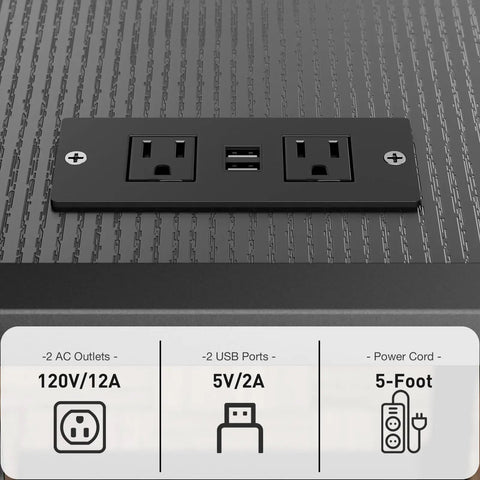 Boss Level Adjustable PC Tower Stand With Charging Station For Office Home Classroom Fits 23 To 28 Inch Towers Black Dual 120V Sockets And USB Ports CPU Holder Cart close-up of sockets and USB ports
