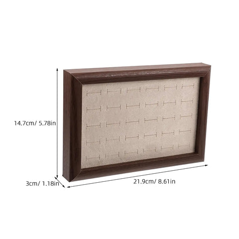 Solid Wood Earring Organizer And Ring Keeper Tray With Thirty Open Slots For Stashing Bracelets And Chains In A Rich Walnut Finish, side view with dimensions.