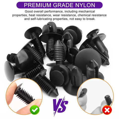 Close-up of premium grade nylon clips from 335 Piece Bumper Retainer Clips And Push Pin Rivets Kit With Upgraded T Style Zip Ties.
