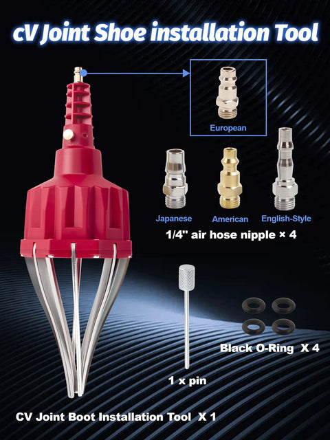 Pro Grade Pneumatic CV Joint Boot Installation Tool Kit with expander and air hose nipples display