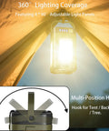 Portable IPX4 Waterproof Camping Lantern With 2000mAh Solar Charging, 6 LED Modes, hanging in a tent showing 360° illumination.