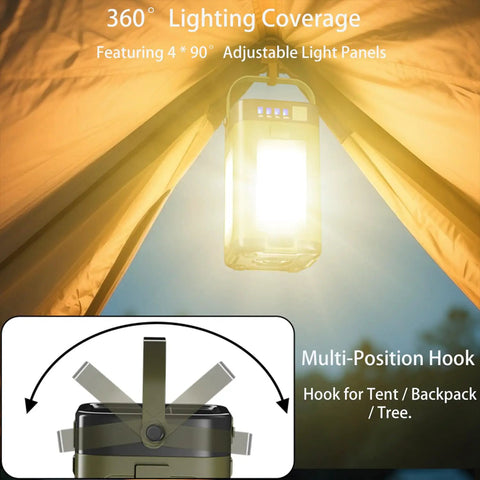 Portable IPX4 Waterproof Camping Lantern With 2000mAh Solar Charging, 6 LED Modes, hanging in a tent showing 360° illumination.