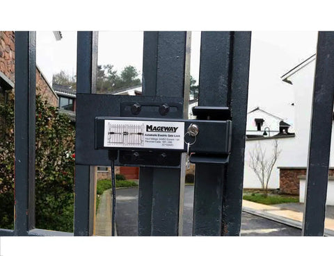 Heavy Duty 24V DC Automatic Electric Gate Lock For Swing Gates And Gate Openers, mounted on black metal gate