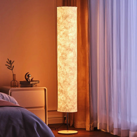 58 Inch Modern Floor Lamp With Tyvek Shade Warm White LED 3000K Slim Standing Light in cozy bedroom setting