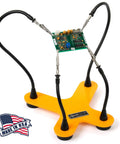 Four Gooseneck Soldering Helper With Sturdy Base And Rotating Stainless Alligator Clamps holding a circuit board
