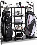 Golf Organizer For Bags And Gear With Adjustable Feet Holds Two Golf Bags And Five Metal Shelves Great Home Garage Clubhouse Storage Rack For Easy Access To Your Clubs And Accessories Easy Assembly