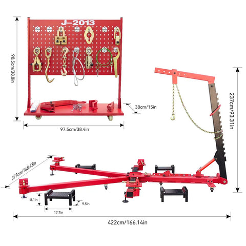 Beefed-Up 5T Auto Body Frame Puller Straightener with 6600 lbs capacity, 49KN pulling power, post swings -60 to +60 degrees, heavy duty dent repair tool display.