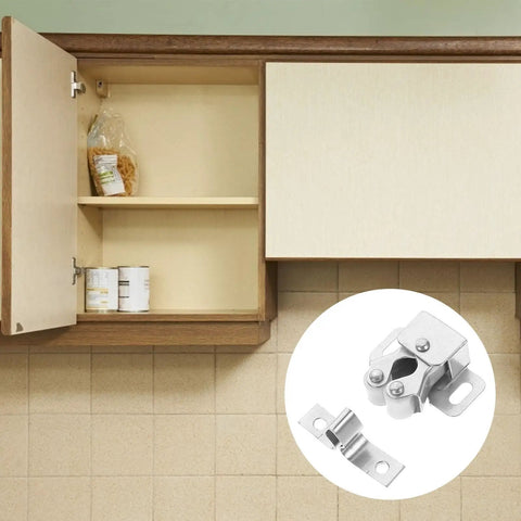Open cabinet door with inset of Cabinet Door Ball Catch Kit For Wardrobe And Cabinet Doors Metal Spring Latch, silver iron.