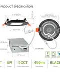 Slim 3 Inch LED Recessed Light Kit With Easy Install And 5 Color Temperatures 2700K 3000K 3500K 4000K 5000K Dimmable Canless Wafer Downlight With J Box Ultra Thin Round Panel Lighting UL Energy Star 6 Pack product specification details with dimensions and features shown in the image.