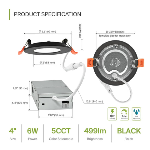 Slim 3 Inch LED Recessed Light Kit With Easy Install And 5 Color Temperatures 2700K 3000K 3500K 4000K 5000K Dimmable Canless Wafer Downlight With J Box Ultra Thin Round Panel Lighting UL Energy Star 6 Pack product specification details with dimensions and features shown in the image.