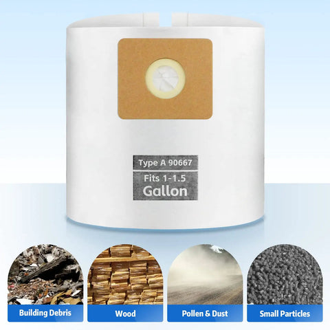 Heavy Duty Five Pack Shop Vacuum Bags Compatible With One Five Gallon Wet Dry Cleaners Replacing Part Nine Zero Six Six Seven bag for fine dust and debris.