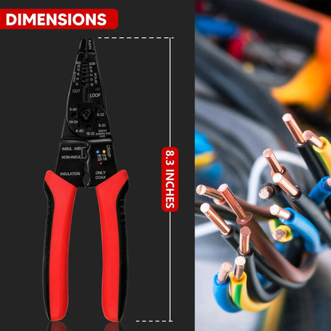 Wire Stripper Cutter And Stripping Tool 8 Inch Multi Function Hand Tool With Ergonomic Handle shown with wires