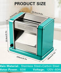 Heavy Duty Electric Polymer Clay Press Machine with Seven Adjustable Thickness Settings And Rust Resistant Stainless Steel Rollers side view with dimensions laid out