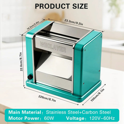 Heavy Duty Electric Polymer Clay Press Machine with Seven Adjustable Thickness Settings And Rust Resistant Stainless Steel Rollers side view with dimensions laid out