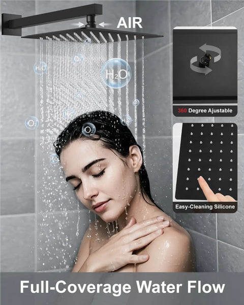Premium High Pressure Shower System With 12 Inch Rain Head And 2 In 1 Handheld Sprayer Matte Black Wall Mount fixture in use
