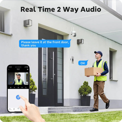 Wireless Home Security Camera System With 8 PTZ Outdoor Cameras And 16CH NVR, shown monitoring a delivery at a front door