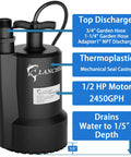 Half Horsepower Submersible Sump Pump 2450 GPH Water Transfer Pump Portable Electric with thermoplastic casing and discharge fittings.