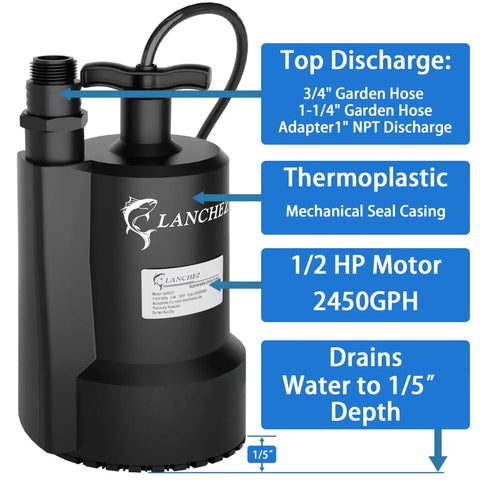Half Horsepower Submersible Sump Pump 2450 GPH Water Transfer Pump Portable Electric with thermoplastic casing and discharge fittings.