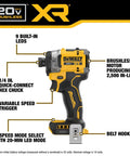 Pro Level 20V Max Brushless Cordless 3 Speed High Torque 1/4 Inch Impact Driver Kit With Xr Power Pack And Fast Charger with variable speed trigger and belt hook.