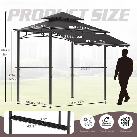 Diagram of 8x8 Heavy Duty Steel Frame Grill Gazebo With Double Tier Canopy Shelves Ceiling Hooks And Ground Stakes Waterproof UV Proof Outdoor Patio Tent For BBQ Backyard Gray