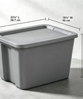 Straight Up Tough As Nails Heavy Duty Plastic Storage Bin With Secure Snap On Lid For Real Garage Setup Or Home Decluttering Projects Gray 18 Gallon Capacity with dimensions displayed.