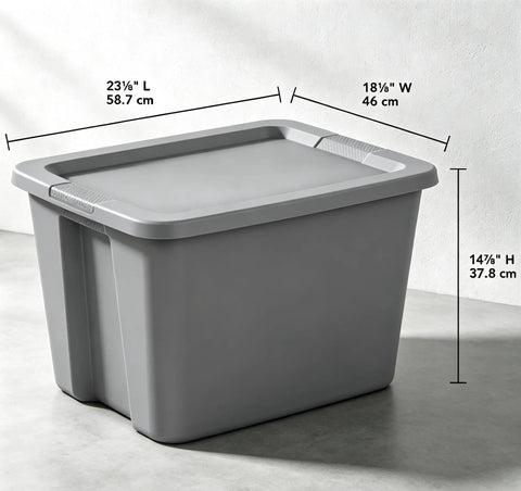 Straight Up Tough As Nails Heavy Duty Plastic Storage Bin With Secure Snap On Lid For Real Garage Setup Or Home Decluttering Projects Gray 18 Gallon Capacity with dimensions displayed.
