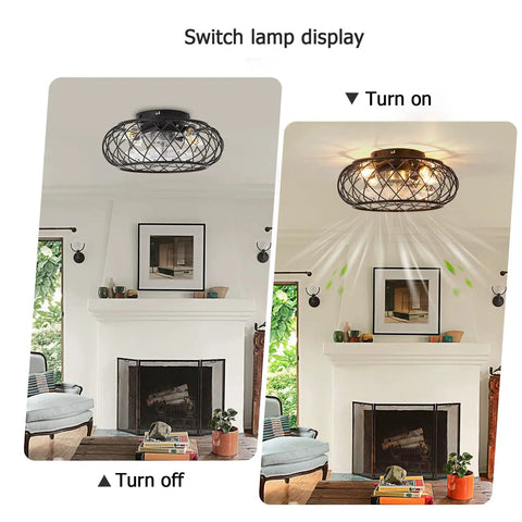 Modern Black Ceiling Fan With Remote Control And Light Kit Industrial Caged Fandelier Style Ceiling Fans For Living Room 17 Inch