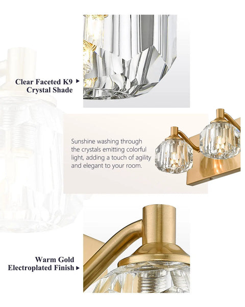 Detail view of Crystal Vanity Light Four Light Gold Bathroom Fixture With G9 Bulb Compatibility, showing K9 crystal and gold finish.