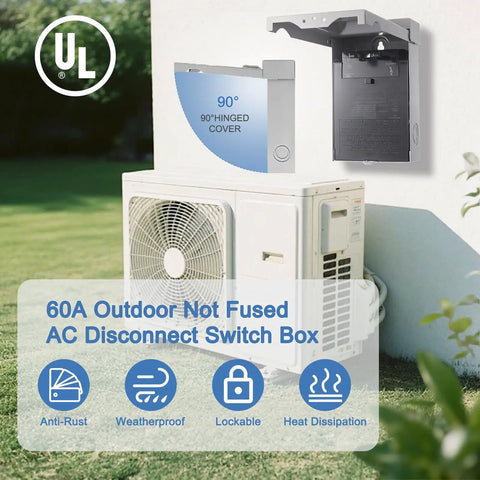 Heavy Duty 60 Amp Non Fused Disconnect Switch Box Weatherproof Nema 3R Outdoor Electrical Panel with 90-degree hinged cover.