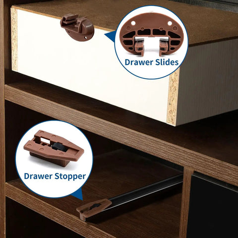 Game Changer Three Pack Plastic Center Mount Drawer Track Glides For Smooth Cabinet Repair And Zero Sweat Install With Heavy Duty Build And Rock Solid Everyday Performance showing brown plastic drawer slides and stopper.