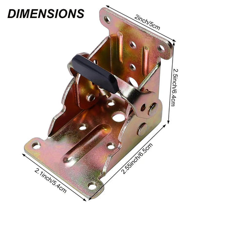 Heavy Duty Folding Table Leg Brackets 4 Pack Built Like A Tank Self Locking Hinge Hardware showing dimensions and cold rolled steel build.