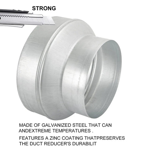 Angle view of Six To Four Inch Duct Reducer Adapter Easy Fit Round Metal Pipe Reducer, galvanized steel for HVAC systems