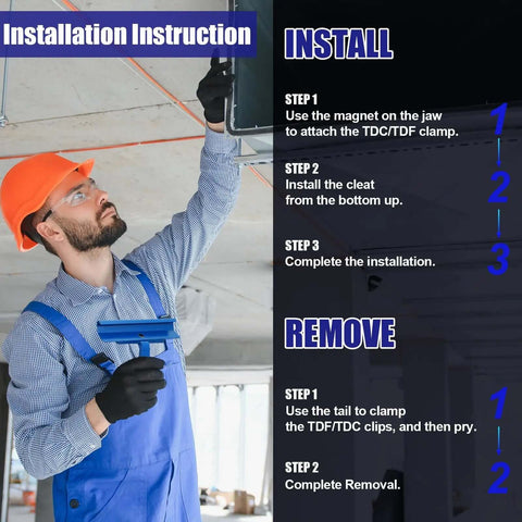 Man using 4 Inch Magnetic TDC TDF Clip Cleat Tool For PPC PPF Clips with magnets in HVAC installation instructions.
