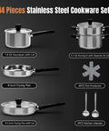 Induction Ready Stainless Steel 14 Piece Cookware Set with pans, stockpot, glass lids, pot protectors, and utensils displayed.