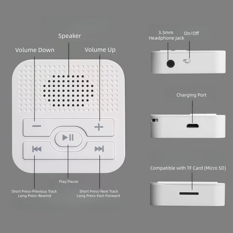 Portable No Screen MP3 Player with speaker, ports, and buttons detail, for 500 plus songs, HD resin panel in pearlescent white