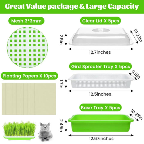 Diagram of Soil Free Seed Sprouter Trays With Lids 5 Pack For Microgreens And Wheatgrass No Soil Growing Kit With Germinating Paper