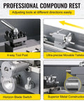 Professional compound rest features for Garage Ready Mini Metal Lathe With One Point One Kw Motor And Butter Smooth Infinite Speed Dials.
