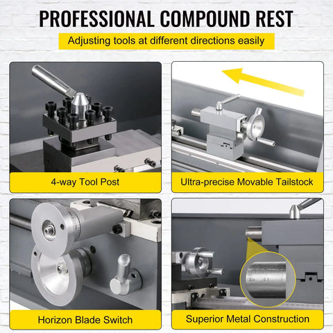 Professional compound rest features for Garage Ready Mini Metal Lathe With One Point One Kw Motor And Butter Smooth Infinite Speed Dials.