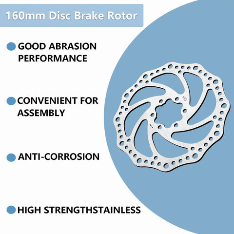160mm Stainless Steel Bike Disc Brake Rotor for Road and Mountain Bikes shown with performance features in blue text