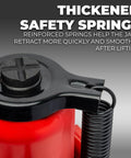 Front view of Stark USA 20-ton low-profile hydraulic bottle jack with red body, black top, and coiled hose.