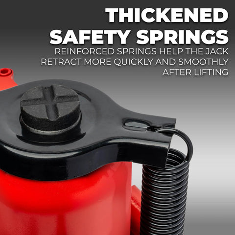 Front view of Stark USA 20-ton low-profile hydraulic bottle jack with red body, black top, and coiled hose.