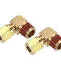 Two brass 90-degree elbow compression fittings with 1/4 NPT to 1/4 in tube OD, angled view.