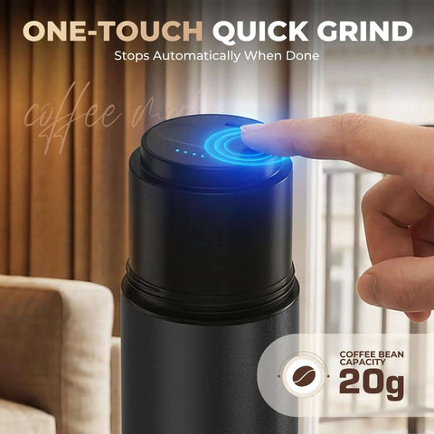 Portable All-In-One Coffee Maker With Built-In Battery And Grinder featuring one-touch quick grind button
