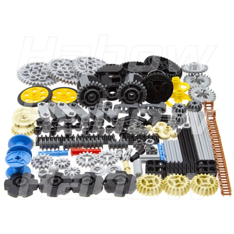 116 Piece Technic Parts Set With Gears, Axles, Pins, Connectors, Wheels And More For Builders In Bold Primary Colors displayed.