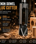 Heavy Duty Wood Tenon Plug Cutter And Three Quarter Inch Dowel Maker Drill Bit Featuring Slick Shear Angle Tips No Fuss Design Hardened Steel showing precision cutting edges.