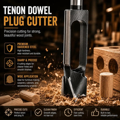 Heavy Duty Wood Tenon Plug Cutter And Three Quarter Inch Dowel Maker Drill Bit Featuring Slick Shear Angle Tips No Fuss Design Hardened Steel showing precision cutting edges.